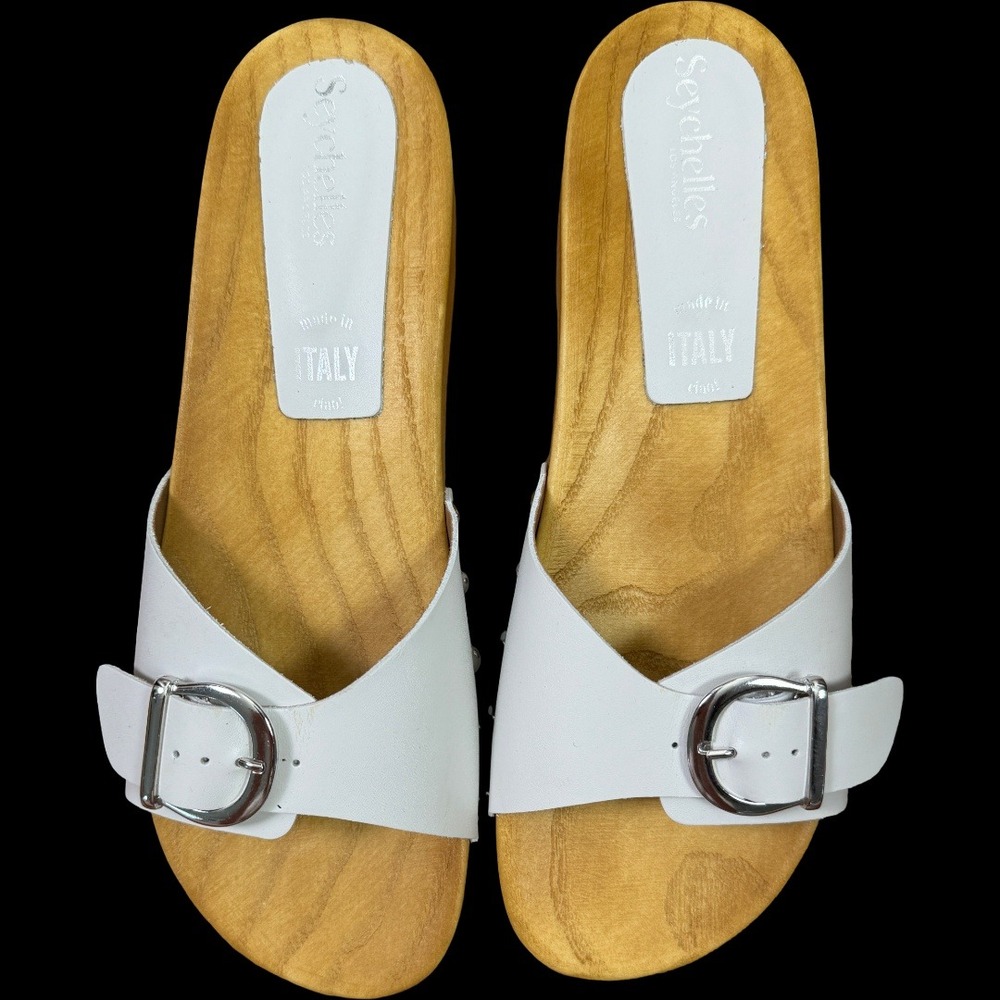 Seychelles Isla Wooden Bottom Slide Sandals Womens 9 Off White Leather Italy New
